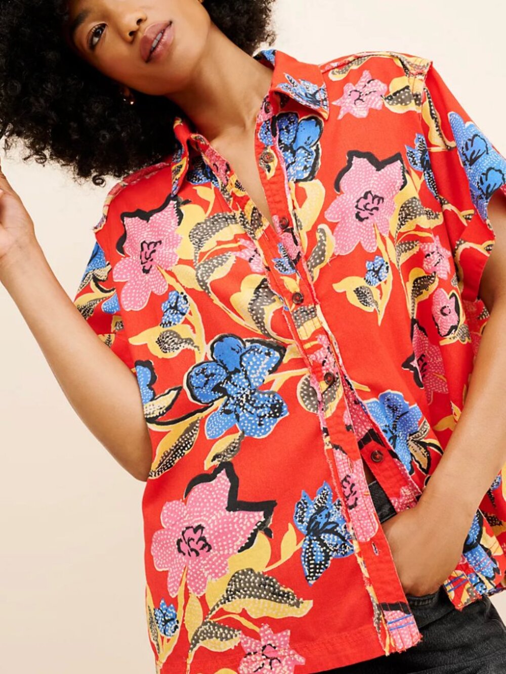 S Free People We The Free Tropics Palm Linen Top Red